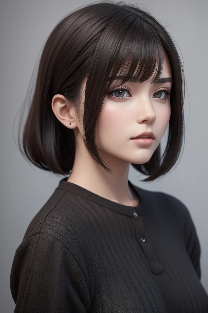 A woman with black hair, lean brunette, eyes browns, alta 3d
