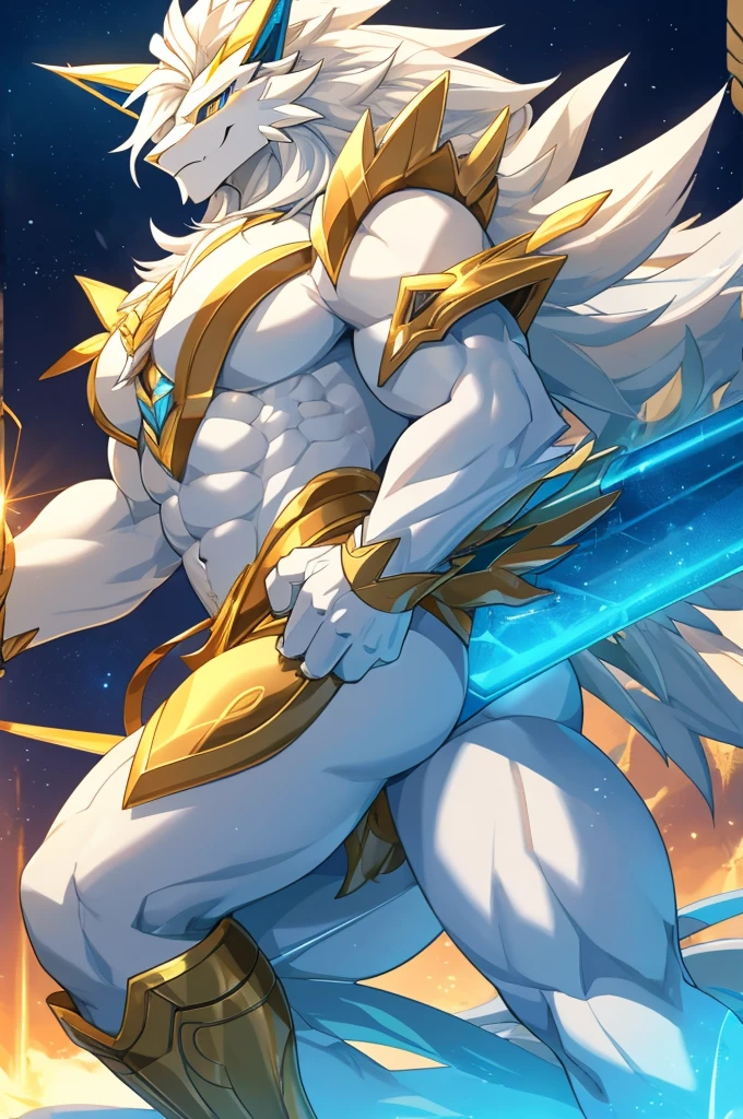 Body and coat: His body is robust and powerful, with mostly white fur. It has several metal plates that cover its body., especially on his extremities and head.

head and face: Solgaleo&#39;s head has a metal structure that resembles a crown or helmet. In the center of his forehead there is a golden star-shaped symbol.. His eyes are large and deep blue., with vertical pupils. The mouth shows prominent and sharp fangs.

mane: Her mane is impressive and white with golden tips.. The mane extends outwards and back, giving you a radiant sunshine appearance. between the mane, you can see some light blue strands.

extremities: Their legs are strong and muscular., with sharp claws. The front legs have golden plates that partially cover them., while the rear ones have blue details.

cola: Solgaleo&#39;s tail is long and robust, with a golden end that resembles a flash of light.

metal details: throughout your body, especially on his chest and legs, It has metal plates that reinforce its futuristic warrior appearance.

colors: White colors predominate, gold and light blue in its design, with metallic details that shine under the light. Explicit masturbating his giant erect cock 