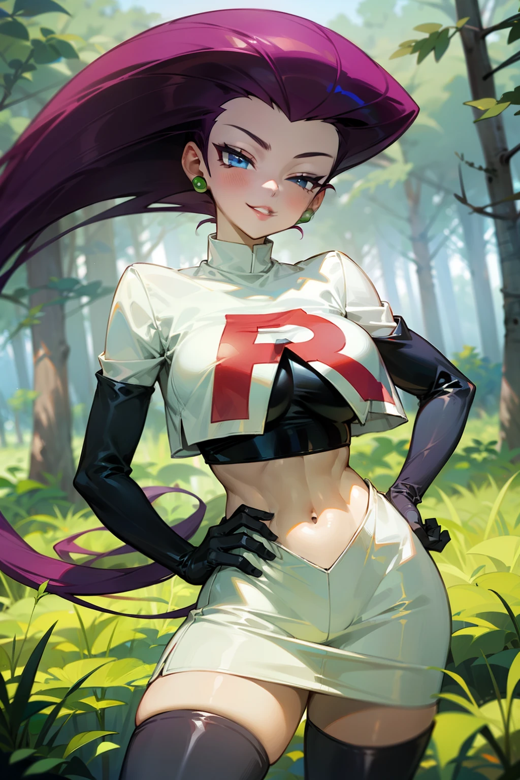 (Masterpiece), Best Quality, ultra-detailed, 1girl (jessie pokemon,Slender and sexy body, Big and pretty breasts, hair slicked back, long hair,purple hair,blue eyes , half-closed eyes), wicked smile, parted lips, facing viewer, looking at viewer, solo,
team rocket ,team rocket uniform ,white skirt,crop top,thighhighs,elbow gloves, in the forest, standing, Sexy waist teasing