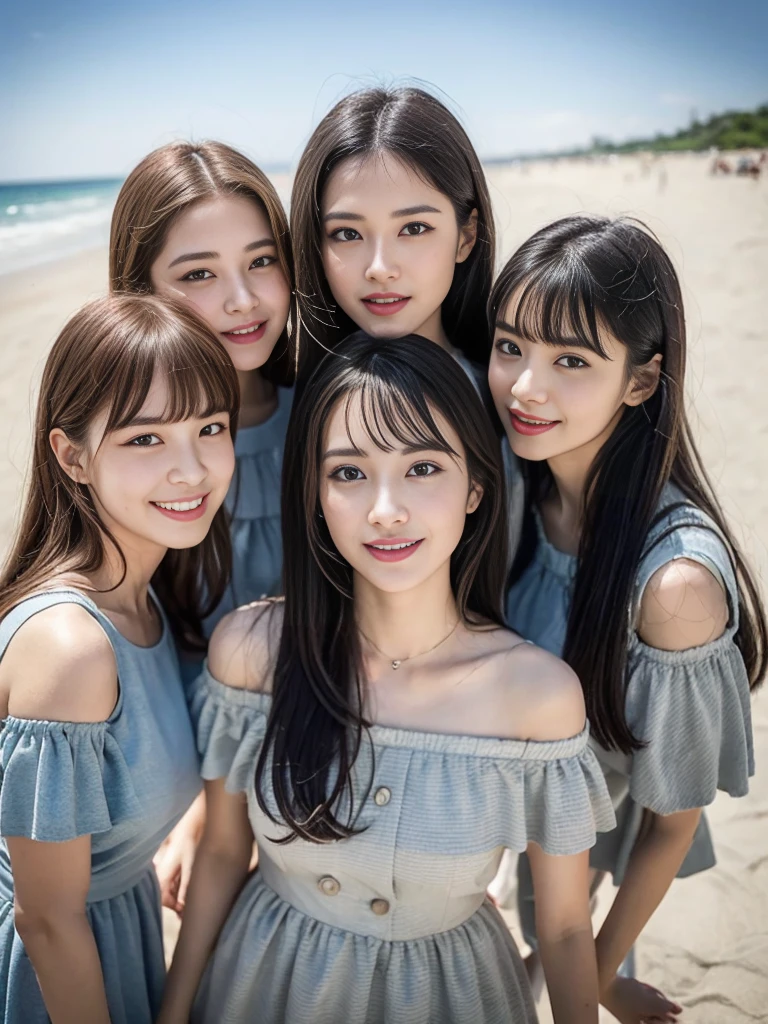 (8K、RAW photography、top-quality、tmasterpiece:1.2)、ultra - detailed、Hyper-Resolution、(hyper realisitc:1.4)、（Use the kiss you throw as a camera）from the above、camera shot from above、Shoot the camera angle from above、I look at this with upward eyes、Arms outstretched、Arms spread wide、Use high-quality images taken from above with your camera、(5 girls on the beach 1:1.3)、、Offshore girls（dreamlike lighting）Head to waist、、white skinned、Fair-skinned female proofreading、super high image quality、、Beautiful female proofreading reflecting in light、astonishing detail、Beautiful girls in very detailed、(Faces with different patterns1:1.2)、(Different facial mood 1:1.3)、Each hairstyle has its own characteristics、colours々Hairstyles、colours々The hair color shines with a clean sheen、I love fishing on the boat、Brown hair shining in the light、One has a ponytail、、Modern cute girl、very detailed faces very detailed eyes、Very realistic skin、 Extremely detailed fingers, Highly detailed nose, highly detail mouth, perfect anatomia, (Off-the-shoulder Lolita costume 1:1.2)、、Their hair details sparkle、Hot teeth and smiles、Realistic body, white skinned, glistning skin, Slim body, Long straight hair, (Blunt bangs:1.2), , nixeu and sakimichan, twice, seifuku, sakimichan, promotional still, lalisa manobal, alena aenami and lilia alvarado