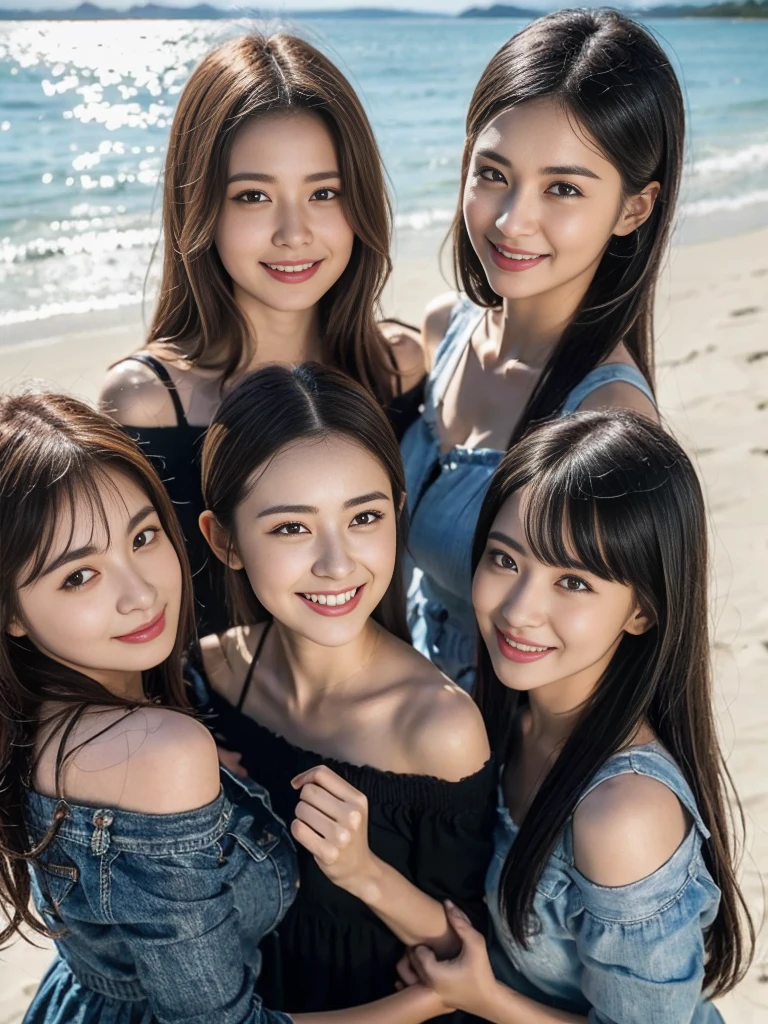 (8K、RAW photography、top-quality、tmasterpiece:1.2)、ultra - detailed、Hyper-Resolution、(hyper realisitc:1.4)、(Use the kiss you throw as a camera)from the above、camera shot from above、Shoot the camera angle from above、I look at this with upward eyes、Arms outstretched、Arms spread wide、Use high-quality images taken from above with your camera、(5 girls on the beach 1:1.3)、、Offshore girls(dreamlike lighting)Head to waist、、white skinned、Fair-skinned female proofreading、super high image quality、、Beautiful female proofreading reflecting in light、astonishing detail、Beautiful girls in very detailed、(Faces with different patterns1:1.2)、(Different facial mood 1:1.3)、Each hairstyle has its own characteristics、colours々Hairstyles、colours々The hair color shines with a clean sheen、I love fishing on the boat、Brown hair shining in the light、One has a ponytail、、Modern cute girl、very detailed faces very detailed eyes、Very realistic skin、 Extremely detailed fingers, Highly detailed nose, highly detail mouth, perfect anatomia, (Off-the-shoulder ta costume 1:1.2)、、Their hair details sparkle、Hot teeth and smiles、Realistic body, white skinned, glistning skin, Slim body, Long straight hair, (Blunt bangs:1.2), , nixeu and sakimichan, twice, seifuku, sakimichan, promotional still, lalisa manobal, alena aenami and lilia alvarado