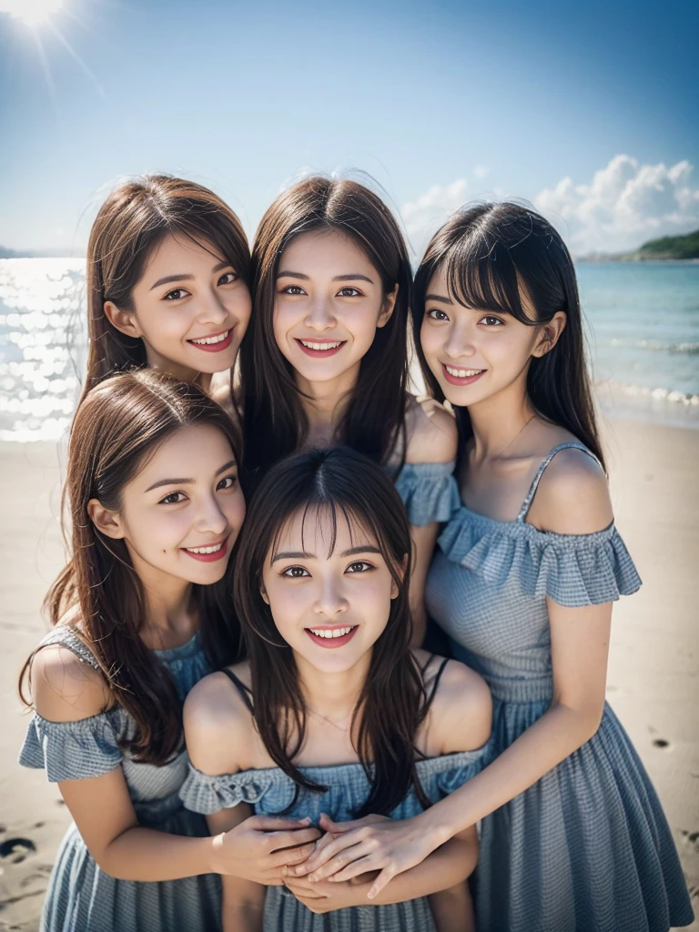 (8K、RAW photography、top-quality、tmasterpiece:1.2)、ultra - detailed、Hyper-Resolution、(hyper realisitc:1.4)、(Use the kiss you throw as a camera)from the above、camera shot from above、Shoot the camera angle from above、I look at this with upward eyes、Arms outstretched、Arms spread wide、Use high-quality images taken from above with your camera、(5 girls on the beach 1:1.3)、、Offshore girls(dreamlike lighting)Head to waist、、white skinned、Fair-skinned female proofreading、super high image quality、、Beautiful female proofreading reflecting in light、astonishing detail、Beautiful girls in very detailed、(Faces with different patterns1:1.2)、(Different facial mood 1:1.3)、Each hairstyle has its own characteristics、colours々Hairstyles、colours々The hair color shines with a clean sheen、I love fishing on the boat、Brown hair shining in the light、One has a ponytail、、Modern cute girl、very detailed faces very detailed eyes、Very realistic skin、 Extremely detailed fingers, Highly detailed nose, highly detail mouth, perfect anatomia, (Off-the-shoulder Lolita costume 1:1.2)、、Their hair details sparkle、Hot teeth and smiles、Realistic body, white skinned, glistning skin, Slim body, Long straight hair, (Blunt bangs:1.2), , nixeu and sakimichan, twice, seifuku, sakimichan, promotional still, lalisa manobal, alena aenami and lilia alvarado