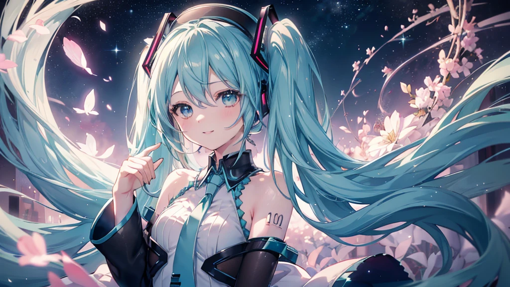 (Starry Sky), ((Beautiful eyes)), (((Hatsune Miku,The best smile))), (((Highest quality、masterpiece、Ultra-fine、Ultra-fine、Exquisite、16K、Full HD,))) 、Dark Eyes、Long eyelashes、White skin、(Pale pink lips、Pale pink cheeks、thin and long)、 ((cute)) ((One person)) 、Wide Shot、(A magnificent composition、epic proportion)、Dynamic lighting、、Zoom out