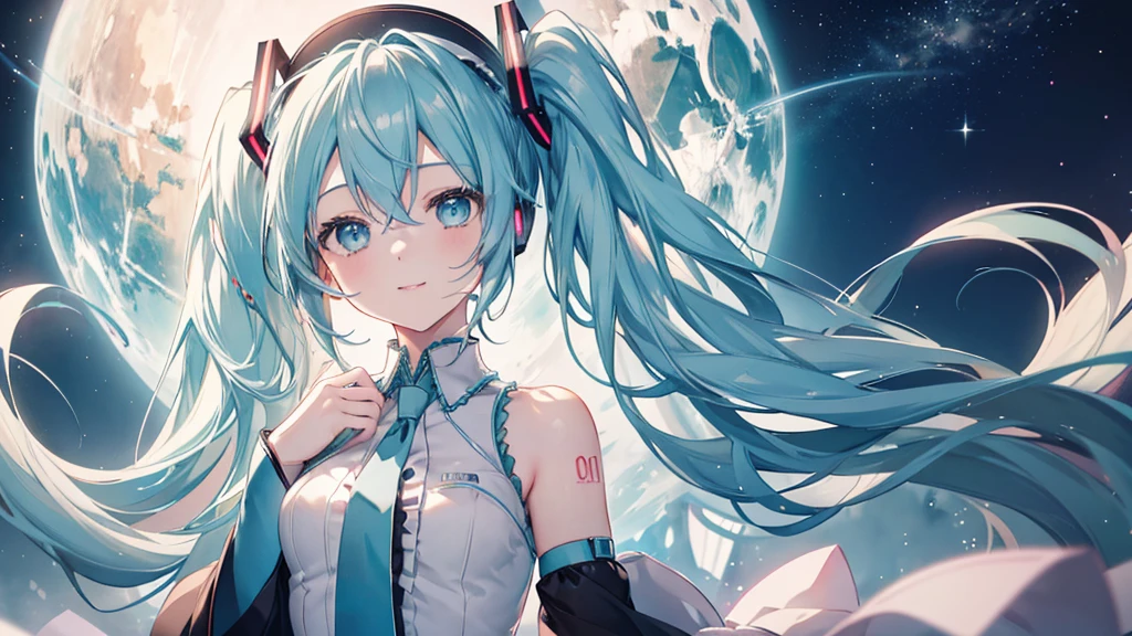 (Starry Sky), ((Beautiful eyes)), (((Hatsune Miku,The best smile))), (((Highest quality、masterpiece、Ultra-fine、Ultra-fine、Exquisite、16K、Full HD,))) 、Dark Eyes、Long eyelashes、White skin、(Pale pink lips、Pale pink cheeks、thin and long)、 ((cute)) ((One person)) 、Wide Shot、(A magnificent composition、epic proportion)、Dynamic lighting、、Zoom out