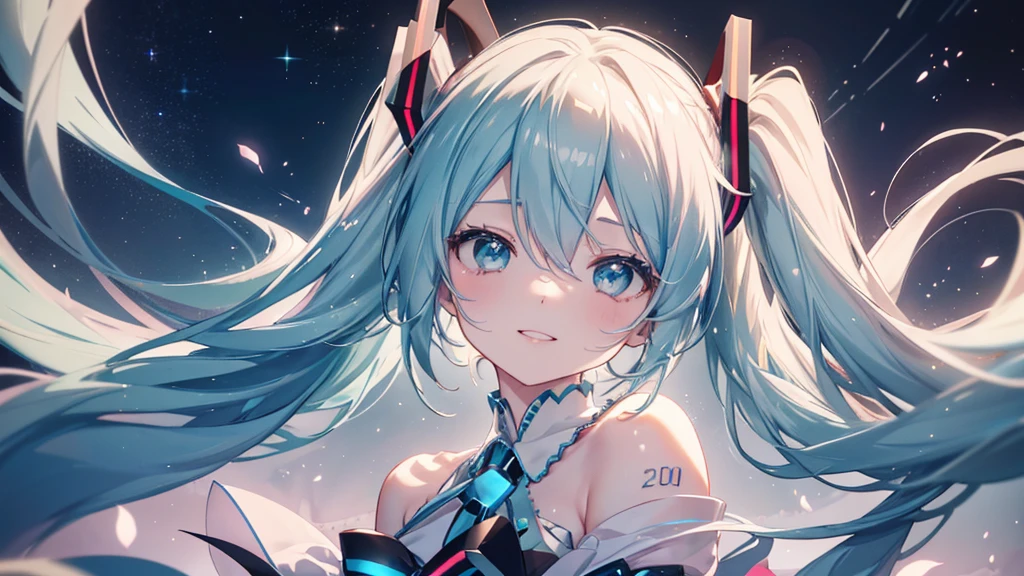 (Starry Sky), ((Beautiful eyes)), (((Hatsune Miku,The best smile))), (((Highest quality、masterpiece、Ultra-fine、Ultra-fine、Exquisite、16K、Full HD,))) 、Dark Eyes、Long eyelashes、White skin、(Pale pink lips、Pale pink cheeks、thin and long)、 ((cute)) ((One person)) 、Wide Shot、(A magnificent composition、epic proportion)、Dynamic lighting、、Zoom out