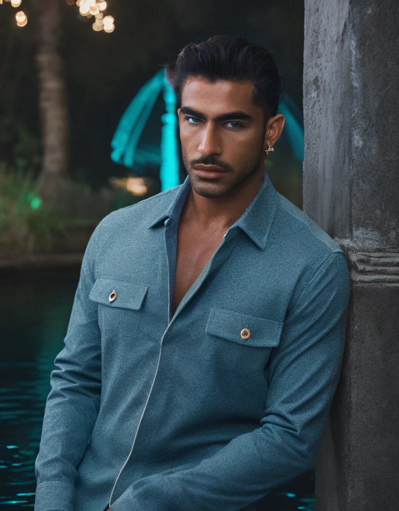 (masterpiece) (highest quality) detailed (((luminescent glowing))) mysterious ancient egyptian god as a ((clothed)) muscular man with (dark tan) in light grey and light blue designer ((((clothes)))) with fishscale pattern, fashion, men's fashion, haute couture, man, dark tan, male model, lotus pond, (Nile river), magic