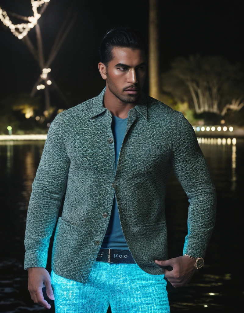 (masterpiece) (highest quality) detailed (((luminescent glowing))) mysterious ancient egyptian god as a ((clothed)) muscular man with (dark tan) in light grey and light blue designer ((((clothes)))) with fishscale pattern, fashion, men's fashion, haute couture, man, dark tan, male model, lotus pond, (Nile river), magic