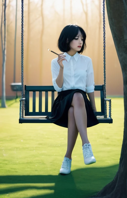 A girl with black hair, sitting on a swing, smoking a cigarette, He&#39;s looking the other way and the weather is cloudy. 