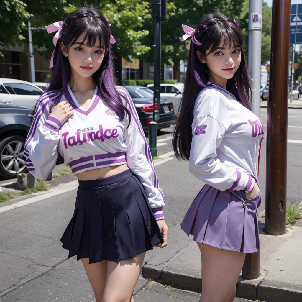 Best Quality,,smile,Ribbon on uniform,mini skirt,high school girl,very cute,beautiful girl,Several girls are depicted,Harem,Track jacket,photo shoot,Long Hair,Highest quality,Big Breasts,Happy girl,Horny girl,blue eyes,Perfect Face,Standing posture,I have my hands in my pockets,Gravure idol,model,She has her bangs down,Smooth hair,Purple Hair,Hyper Realistic Stick,Naughty Girls,Beautiful girls,beautiful girl,loose socks