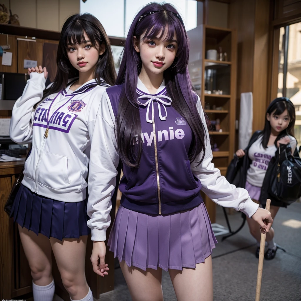 Best Quality,,smile,Ribbon on uniform,mini skirt,high school girl,very cute,beautiful girl,Several girls are depicted,Harem,Track jacket,photo shoot,Long Hair,Highest quality,Big Breasts,Happy girl,Horny girl,blue eyes,Perfect Face,Standing posture,I have my hands in my pockets,Gravure idol,model,She has her bangs down,Smooth hair,Purple Hair,Hyper Realistic Stick,Naughty Girls,Beautiful girls,beautiful girl,loose socks
