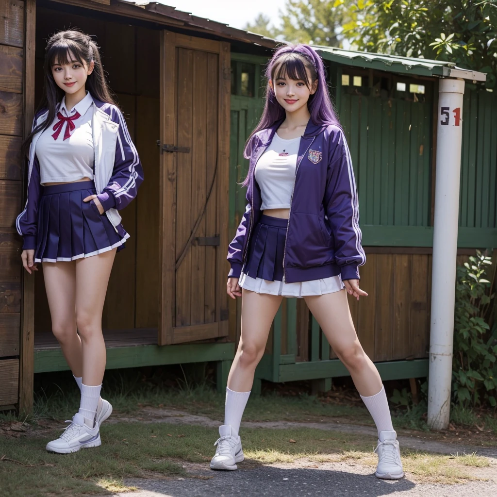 Best Quality，，smile，Ribbon on uniform，mini skirt，high school girl，very cute，beautiful girl，Several girls are depicted，Harem，Track jacket，photo shoot，Long Hair，Highest quality，Big Breasts，Happy girl,Horny girl，blue eyes，Perfect Face，Standing posture，I have my hands in my pockets，Gravure idol,model,She has her bangs down,Smooth hair，Purple Hair，Hyper Realistic Stick,Naughty Girls，Beautiful girls，beautiful girl，loose socks