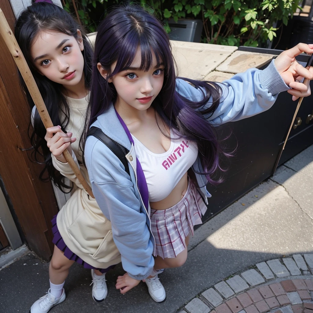 Best Quality,,smile,Ribbon on uniform,mini skirt,high school girl,very cute,beautiful girl,Several girls are depicted,Harem,Track jacket,photo shoot,Long Hair,Highest quality,Big Breasts,Happy girl,Horny girl,blue eyes,Perfect Face,Standing posture,I have my hands in my pockets,Gravure idol,model,She has her bangs down,Smooth hair,Purple Hair,Hyper Realistic Stick,Naughty Girls,Beautiful girls,beautiful girl,loose socks
