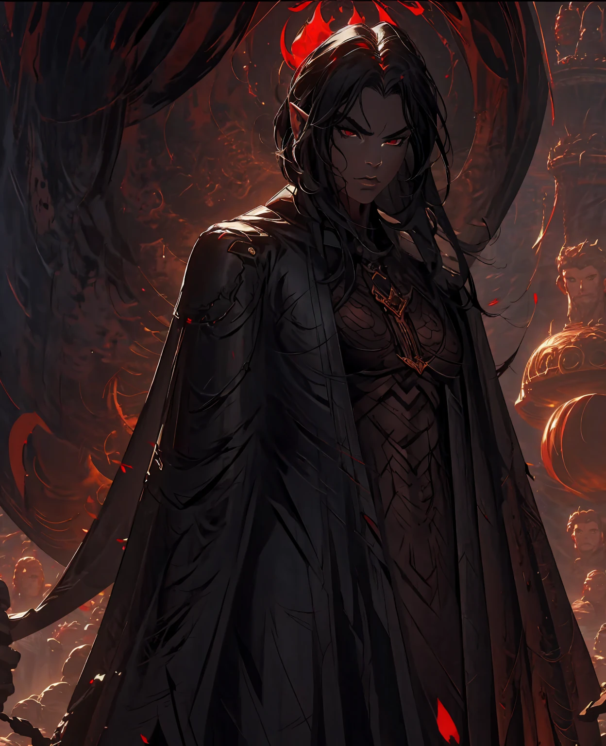 a devilish woman with black hair, pale skin, and red eyes, wearing an elf-like costume, in a dark and mysterious setting, highly detailed, cinematic lighting, dark fantasy, intricate details, rich colors, chiaroscuro, dramatic pose, moody atmosphere, digital painting, concept art style