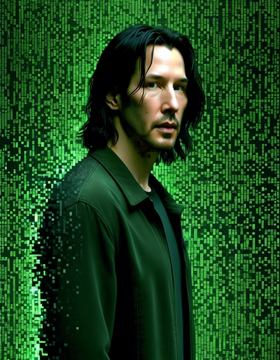 neo played by keanu reeves dissolving into pixels, matrix 1999, cinematic, intricate, green matrix code in the background