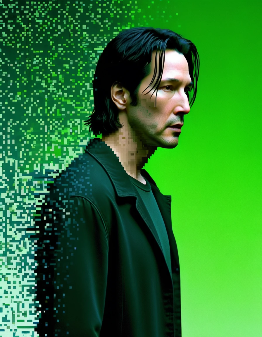 neo played by keanu reeves dissolving into pixels, matrix 1999, cinematic, intricate, green matrix code in the background