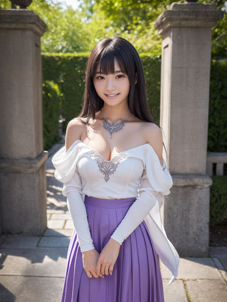 a beautiful japanese girl, very cute high school girl assassin, detailed portrait of innocent 16 year old virgin,  in front of a lord's manor at the main entrance, (off-shoulder silver breastplate), (purple 
long maxi-skirt:1.2), (purple arm cover),silver booties, ((full body, standing)), ((coy demonic smile, white teeth, open mouth:1.2)), blushing, fidgeting hands, translucent skin, hands clasped in front, small breasts, cleavage, beautiful legs, glossy straight medium black hair, asymmetrical bangs, greeting, ((best quality, 4k, 8k, highres, masterpiece, ultra-detailed, realistic, photorealistic, photo-realistic, intricate detail, highly realistic:1.3)), dramatic lighting, muted color palette, cinematic composition, emotional portrait