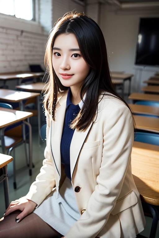 （a beautiful 20-year-old Chinese college girl, posing in college classroom setting, wearing a white blazer uniform, white pleated mini-skirt, black pantyhose, canvas shoes. She has a perfect body, ample round bosom, delicate skin,  delicate and intricate facial features, large eyes, beautiful lips, dimpled smile, long eyelashes, short hair, pure, kind, innocent expression. high-quality, photorealistic, 8K RAW photograph, cinematic lighting, depth of field, lens flare effects, the Cowboy Shot. The overall tone is one of beauty, purity, and youthful desire.）