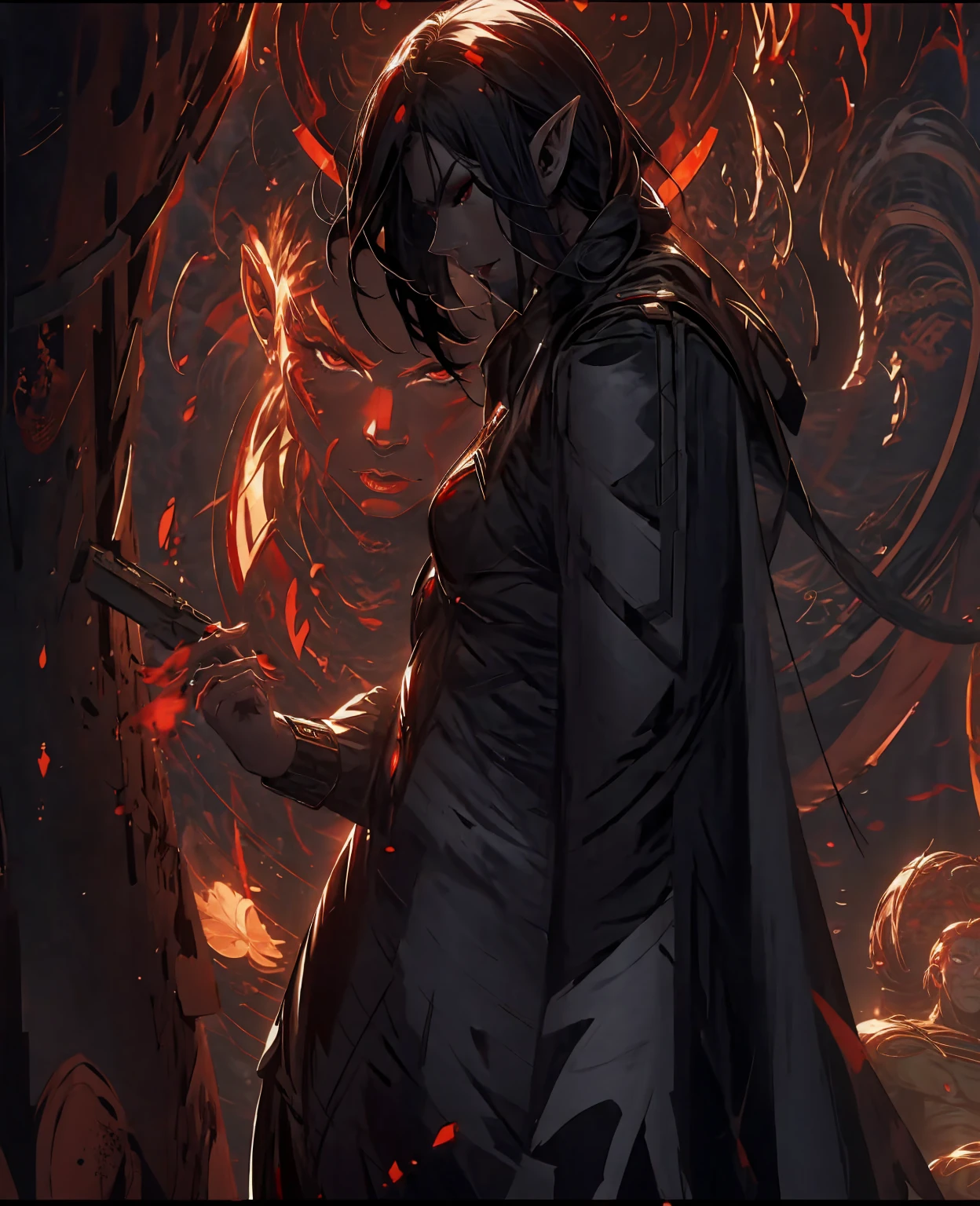 a devilish woman with black hair, pale skin, and red eyes, wearing an elf-like costume, in a dark and mysterious setting,