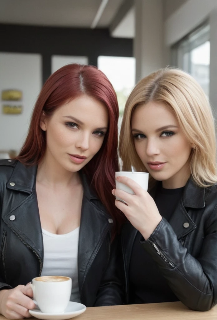 Create an image of a two women in leather jackets drinking coffee. One is the most beautiful red haired with big breasts other is light blond haired with big breasts. Ensure different hair colors