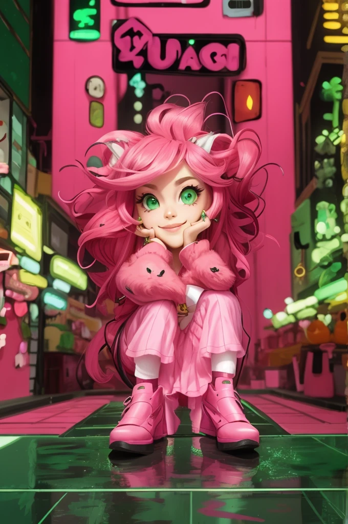 1girl, long hair, green eyes, earrings, jewerly, solo, kirt, looking at viewer, PINK hair, smile, very long hair, star hair ornement