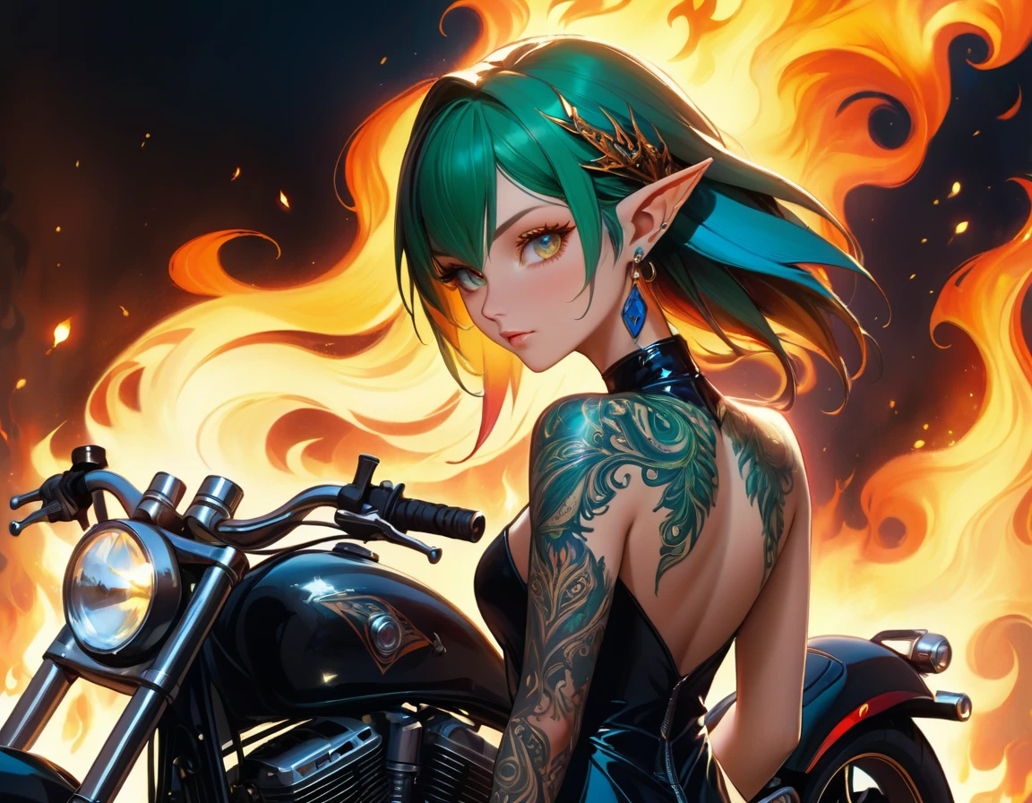 Arafed, Dark fantasy art, fantasy art, goth art, a picture of a of a tattooed female elf near her ((motorcycle: 1.5)) ((masterwork, best detailed, ultra detail: 1.5)) the tattoo is vivid, intricate detailed coming to life from the ink to real life, GlowingRunesAI_paleblue, ((fire surrounds the motorcycle: 1.5)), ultra feminine, ((beautiful delicate face)), Ultra Detailed Face, small pointed ears, dynamic angle, ((the back is visible: 1.3), she wears a transparent black dress, the dress is elegant, flowing, elven style, that the tattoos glow, dynamic hair color, dynamic hair style, high details, best quality, 16k, [ultra detailed], masterpiece, best quality, (extremely detailed), dynamic angle, full body shot, faize, drkfntasy, Digital Painting, Intense gaze