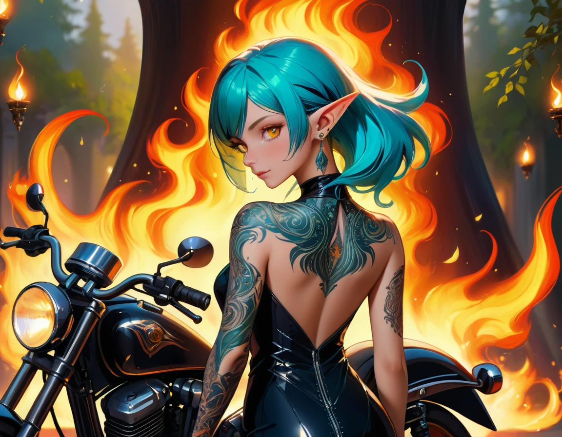 Arafed, Dark fantasy art, fantasy art, goth art, a picture of a of a tattooed female elf near her ((motorcycle: 1.5)) ((masterwork, best detailed, ultra detail: 1.5)) the tattoo is vivid, intricate detailed coming to life from the ink to real life, GlowingRunesAI_paleblue, ((fire surrounds the motorcycle: 1.5)), ultra feminine, ((beautiful delicate face)), Ultra Detailed Face, small pointed ears, dynamic angle, ((the back is visible: 1.3), she wears a transparent black dress, the dress is elegant, flowing, elven style, that the tattoos glow, dynamic hair color, dynamic hair style, high details, best quality, 16k, [ultra detailed], masterpiece, best quality, (extremely detailed), dynamic angle, full body shot, faize, drkfntasy, Digital Painting, Intense gaze