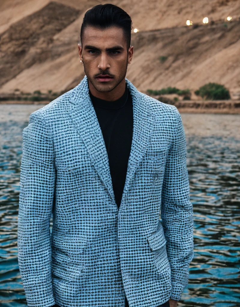 (masterpiece) (highest quality) detailed (((luminescent glowing))) mysterious ancient egyptian god as a ((clothed)) muscular man with (dark tan) in light grey and light blue designer ((((clothes)))) with fishscale pattern, fashion, men's fashion, haute couture, man, dark tan, male model, lotus pond, (Nile river), magic