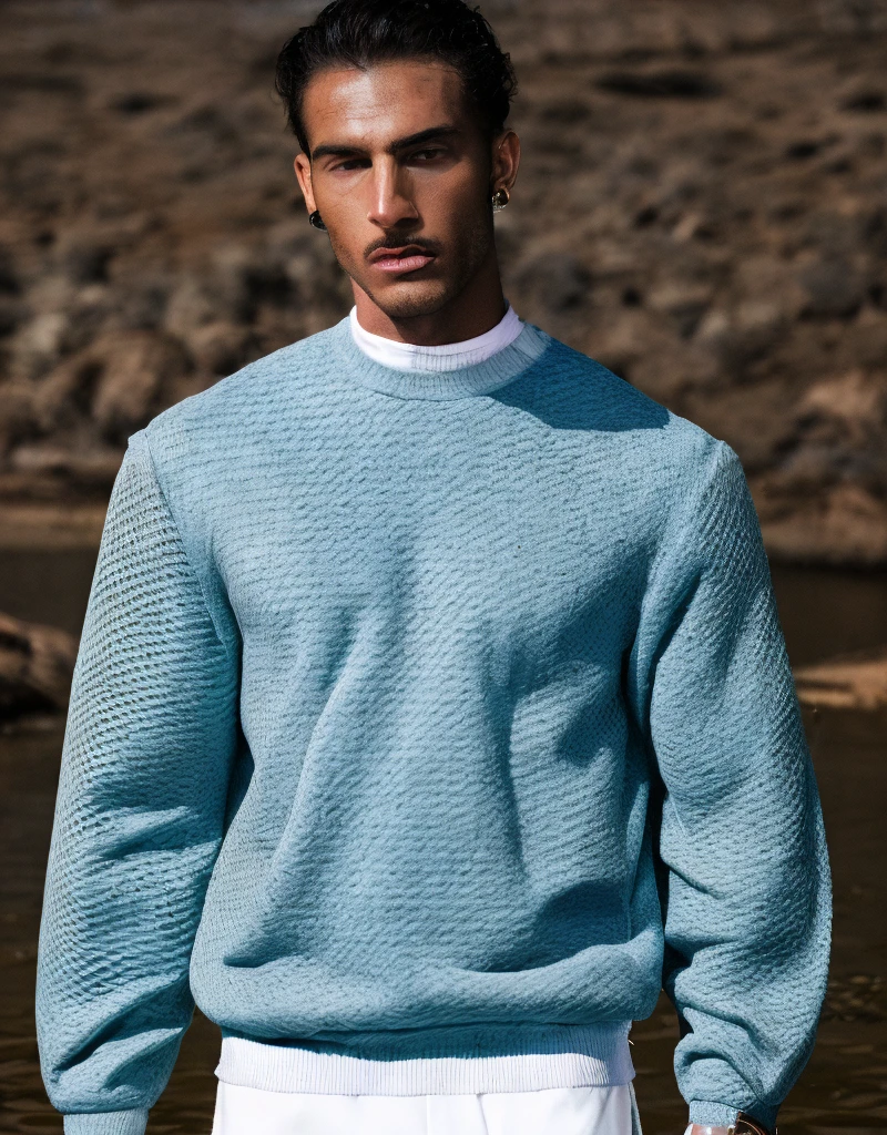 (masterpiece) (highest quality) detailed (((luminescent glowing))) mysterious ancient egyptian god as a ((clothed)) muscular man with (dark tan) in light grey and light blue designer ((((clothes)))) with fishscale pattern, fashion, men's fashion, haute couture, man, dark tan, male model, lotus pond, (Nile river), magic