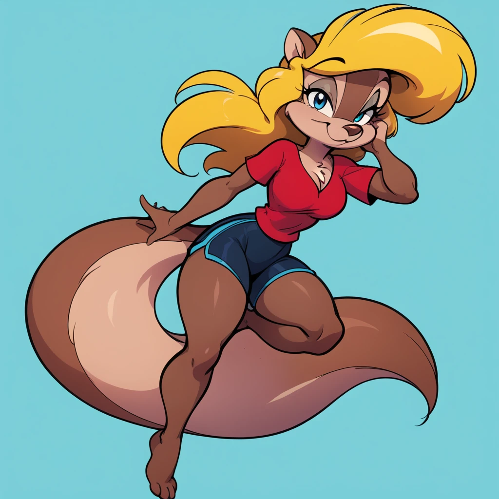 score_9, score_8_up, score_7_up, score_6_up, score_5_up, score_4_up, (Source furry), 1girl, solo, looking at viewer, smile, blue eyes, turquoise blue background, shirt, turquoise blue background, animal ears, cleavage, medium breasts, closed mouth, falling down into a black hole, tail, full thick body, barefoot, furry, cyberworld environment, standing and posing a pin up pose, black swimming shorts, has thick thighs, red shirt, animal nose, snout, amy squirrel , blonde hair, long hair, two tone fur, brown fur, furry female, body fur