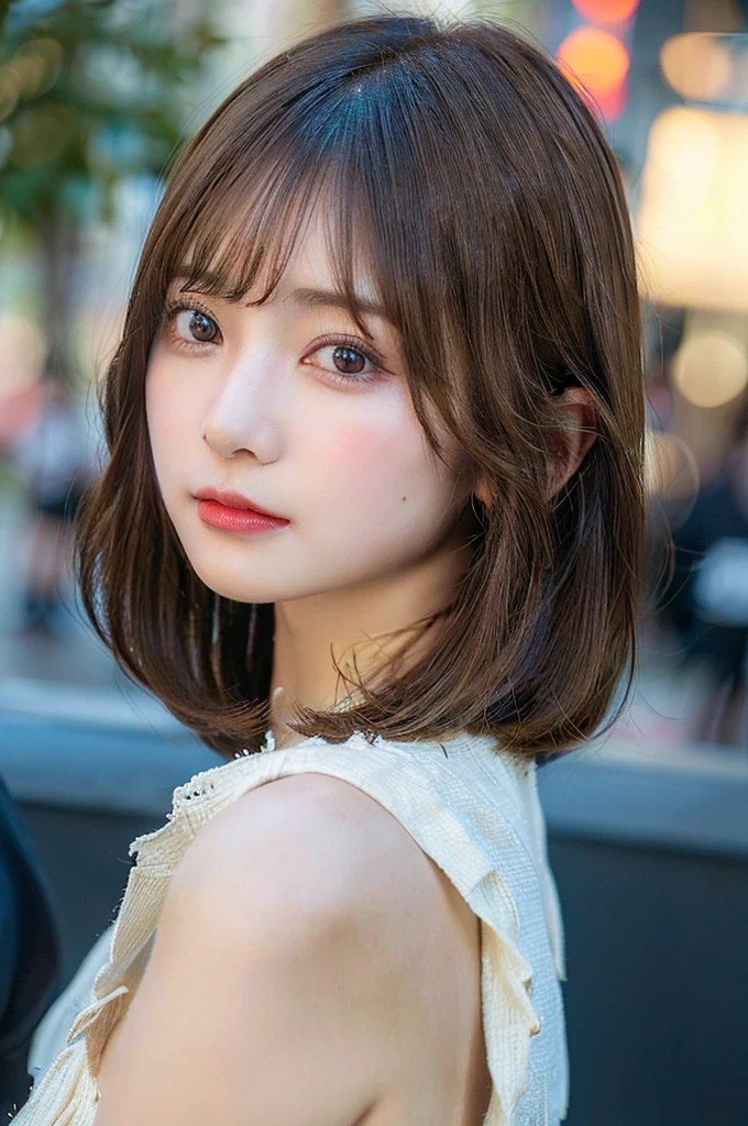(masterpiece:1.5)、(Realistic:1.5)、(Highest quality:1.4、8K、RAW Photos)、 Ultra-high resolution、Professional Lighting、Perfect dynamic composition、Film Grain、chromatic aberration、(Bokeh:1.1)、 Frank、Sophisticated、charm、超Realistic、High detail、Golden Ratio、 (1 Girl)、Slender girl、繊細でcharm女の子、Cute Woman:1.4、 Serious expression、Looking at the audience、Light brown hair、Shiny Hair、The hairstyle is a bob cut、 Realistic looking skin、 shut up.、Beautiful Eyes、double eyelid、Thin arms、