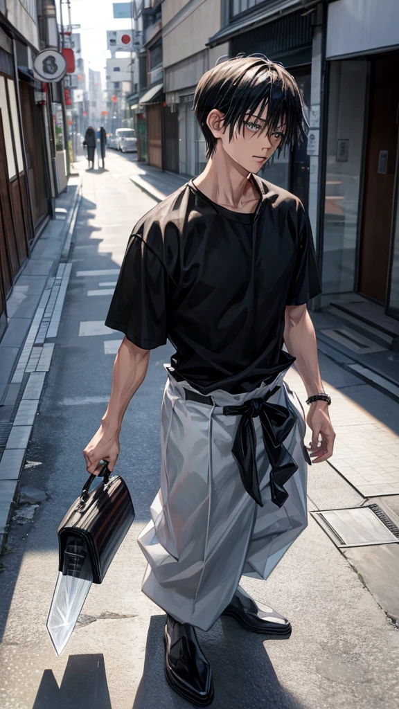 1 boy, Toji Fushiguro, black jersey, white baggy pants, small sword in hand, walking through the streets of Tokyo.