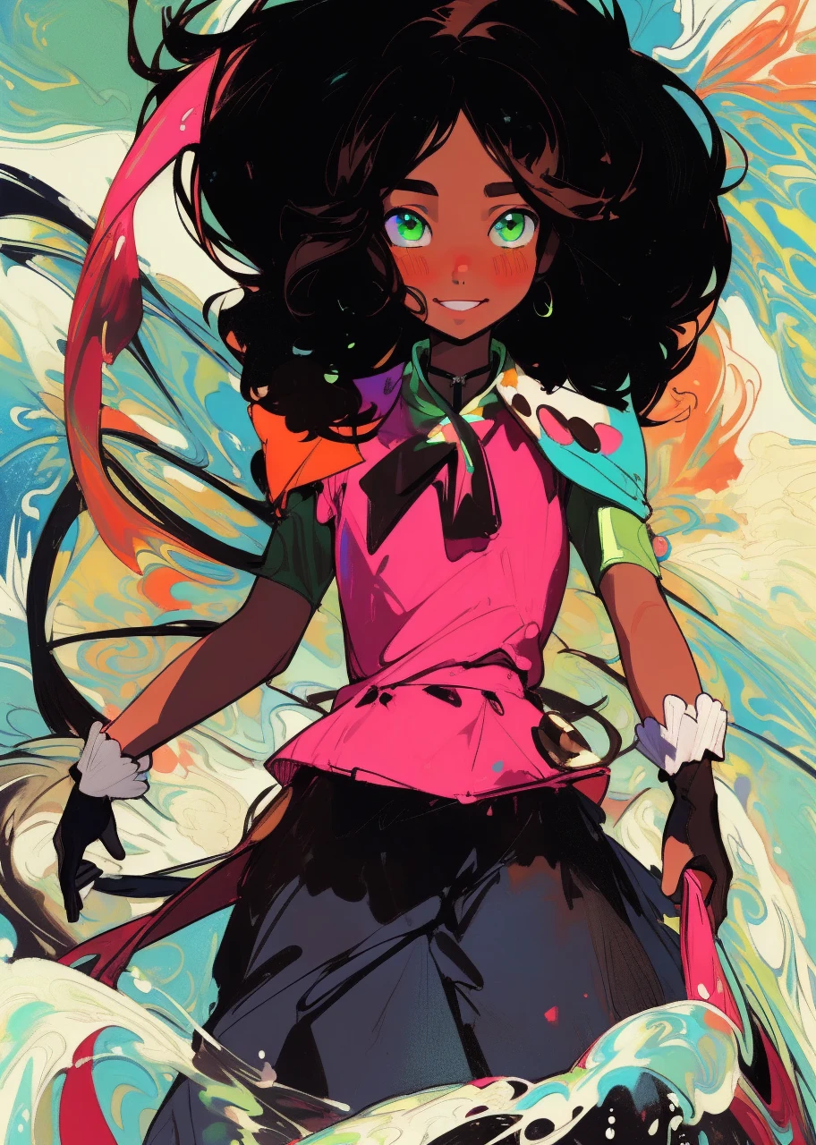 (masterpiece, best quality:1.3), (flat color:1.3),(colorful:1.3),looking at viewer,1girl,solo,floating colorful water,(2D:1.3) smirking beautiful face, Detailed face, white puffy gloves, chocolate brown skin black girl, water paint background, green eyes, blush cheeks