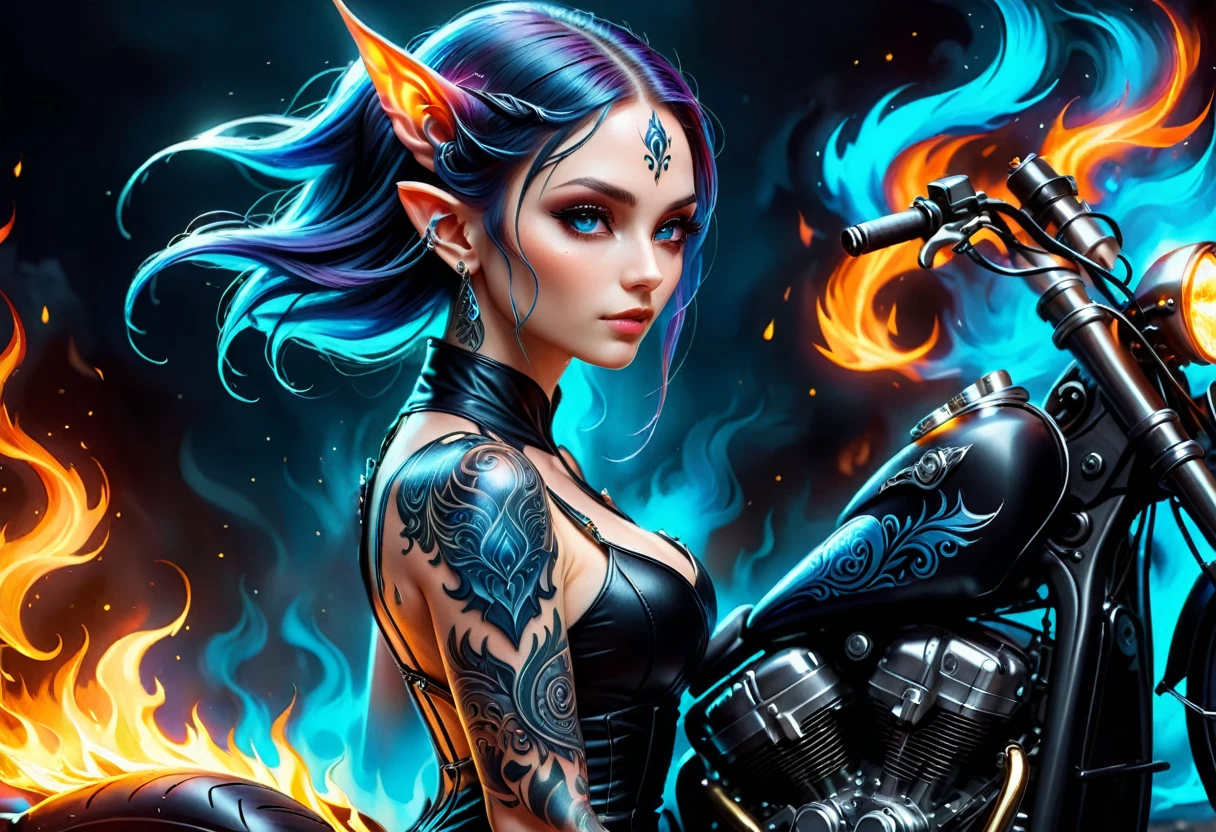 Arafed, Dark fantasy art, fantasy art, goth art, a picture of a of a tattooed female elf near her motorcycle (masterwork, best detailed, ultra detail: 1.5) the tattoo is vivid, intricate detailed coming to life from the ink to real life, GlowingRunesAI_paleblue, ((fire surrounds the motorcycle: 1.5)), ultra feminine, ((beautiful delicate face)), Ultra Detailed Face, small pointed ears, dynamic angle, ((the back is visible: 1.3), she wears a transparent black dress, the dress is elegant, flowing, elven style, that the tattoos glow, dynamic hair color, dynamic hair style, high details, best quality, 16k, [ultra detailed], masterpiece, best quality, (extremely detailed), dynamic angle, full body shot, faize, drkfntasy, Digital Painting, Intense gaze