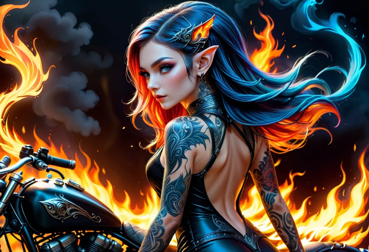 Arafed, Dark fantasy art, fantasy art, goth art, a picture of a of a tattooed female elf near her motorcycle (masterwork, best detailed, ultra detail: 1.5) the tattoo is vivid, intricate detailed coming to life from the ink to real life, GlowingRunesAI_paleblue, ((fire surrounds the motorcycle: 1.5)), ultra feminine, ((beautiful delicate face)), Ultra Detailed Face, small pointed ears, dynamic angle, ((the back is visible: 1.3), she wears a transparent black dress, the dress is elegant, flowing, elven style, that the tattoos glow, dynamic hair color, dynamic hair style, high details, best quality, 16k, [ultra detailed], masterpiece, best quality, (extremely detailed), dynamic angle, full body shot, faize, drkfntasy, Digital Painting, Intense gaze