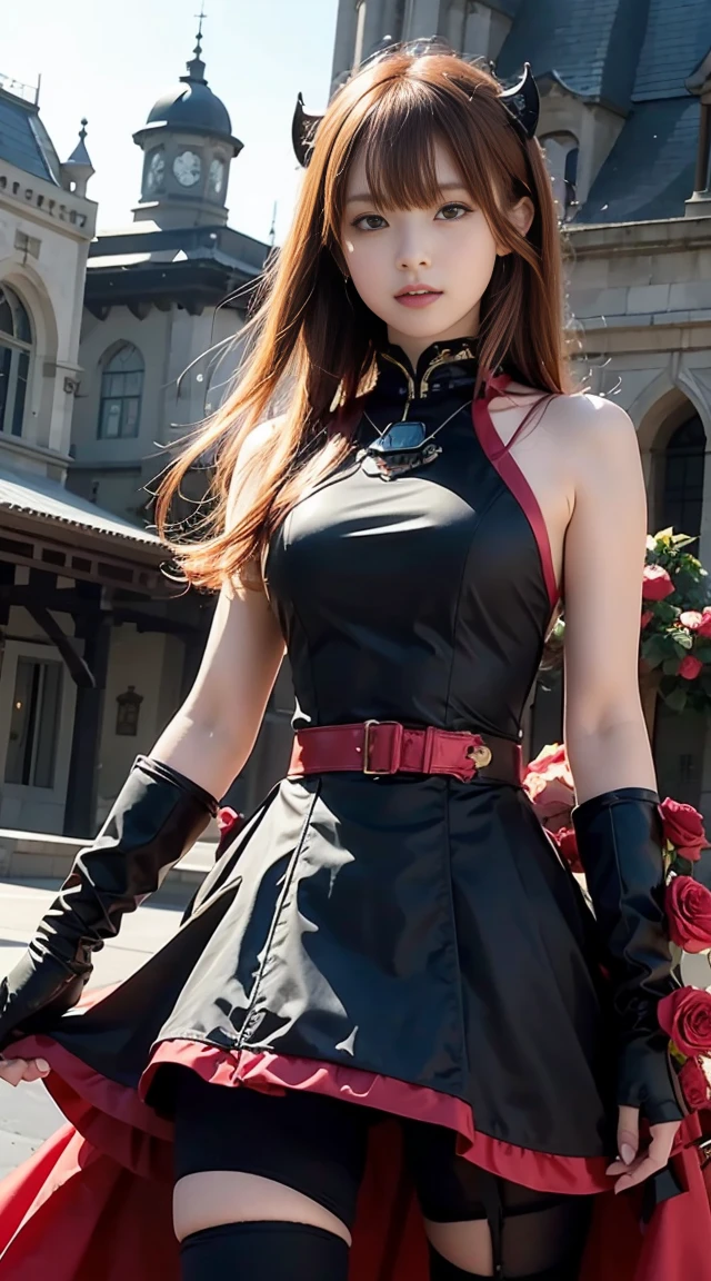 Redhead、1 Female robot、Reddish pinkish dress、Wearing black armor over the dress、place々It is a gold rose design、The skirt of the dress is made of velour fabric、The weapon is a rose thorny gun、There are ring-shaped mines of thorns、The face is covered with a mechanical mask that looks like a motorcycle helmet、The upper part of the mask is reddish-pink、The chin of the mask is white、The mouth of the mask is fangs like a vampire、The eyes of the mask are goggle-shaped、The eyes of the mask are glowing red、The mask has a large black ribbon on the head.、Transformation Belt、Wearing pin heels trimmed with black gold、Battlesuit like a mechanical dress、Each part has frills、8K、Clear contours、The octopus mascot character will appear on the screen、The background is a castle garden with blooming roses、a beautiful girl character、Anime Touch、Anime Assortment、The weapon is a machine gun intertwined with gold and black and rose ivy、Wearing futuristic black metal armor、Armor covers shoulders and chest、cyber punk、The shadow color is a vivid 、Near future、Clothing Cyber Design、The weapon is a machine gun about your own length、The body is almost robotic、The robot has black armor with golden lines、The armor is a rose design、Gundam、Ahmad Koa、Iron Man、Armored Trooper Votoms、Squadron theft、Five Star Stories、Elgeim、Giant Female Robot、Cybele、Mobile Suit、Rosen Zuhl、kshatriya、The head is a mechanism、Have a railgun larger than your height、Large and small firearms