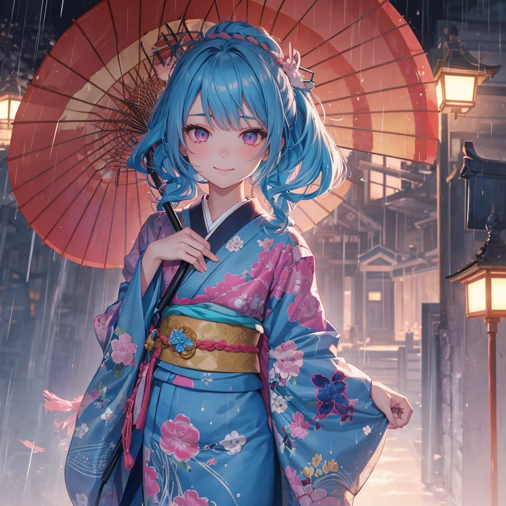 Sky blue hair, (Braided Ponytail),(Pink Eyes),Fair skin ,(whole body),(1 Girl),smile,Straight bangs,(masterpiece, Highest quality, Very detailed, Best Shadow), (Detailed Background), (Beautifully detailed face), High Contrast, (Best lighting, Very delicate and beautiful), ((Cinematic Light)), colorful, Hyper Detail, Dramatic Light, Intricate details,Rain showers,Kyoto,Japanese Umbrella,kimono,