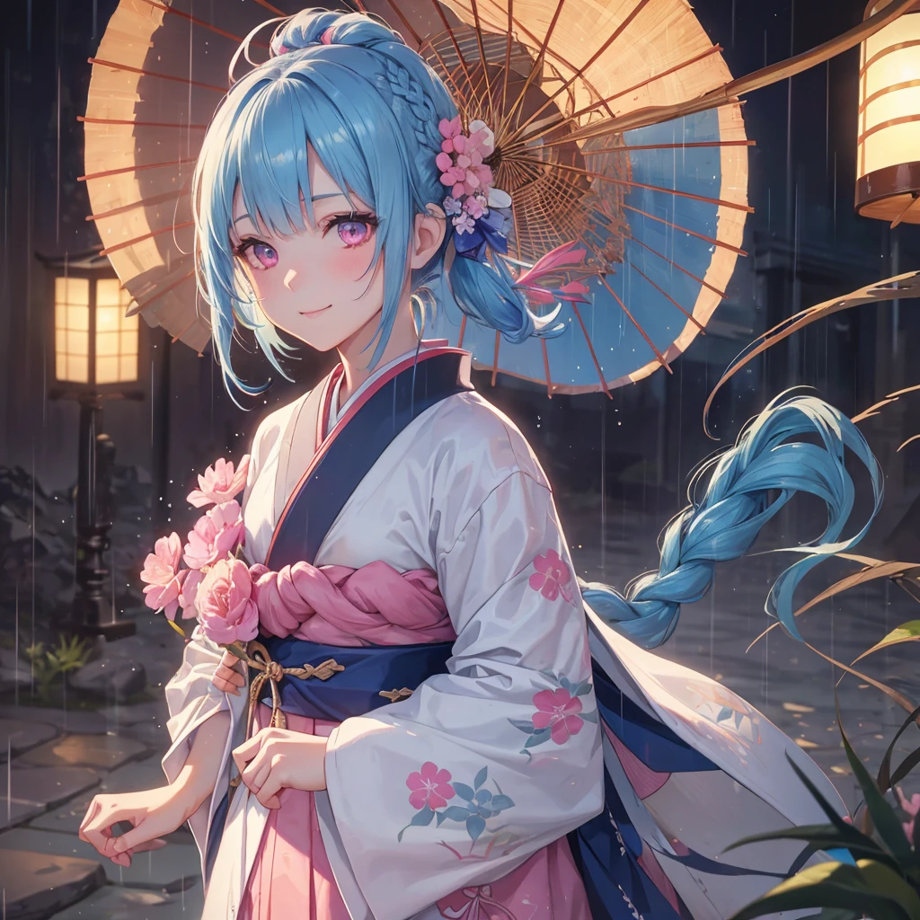 Sky blue hair, (Braided Ponytail),(Pink Eyes),Fair skin ,(whole body),(1 Girl),smile,Straight bangs,(masterpiece, Highest quality, Very detailed, Best Shadow), (Detailed Background), (Beautifully detailed face), High Contrast, (Best lighting, Very delicate and beautiful), ((Cinematic Light)), colorful, Hyper Detail, Dramatic Light, Intricate details,Rain showers,Kyoto,Japanese Umbrella,kimono,