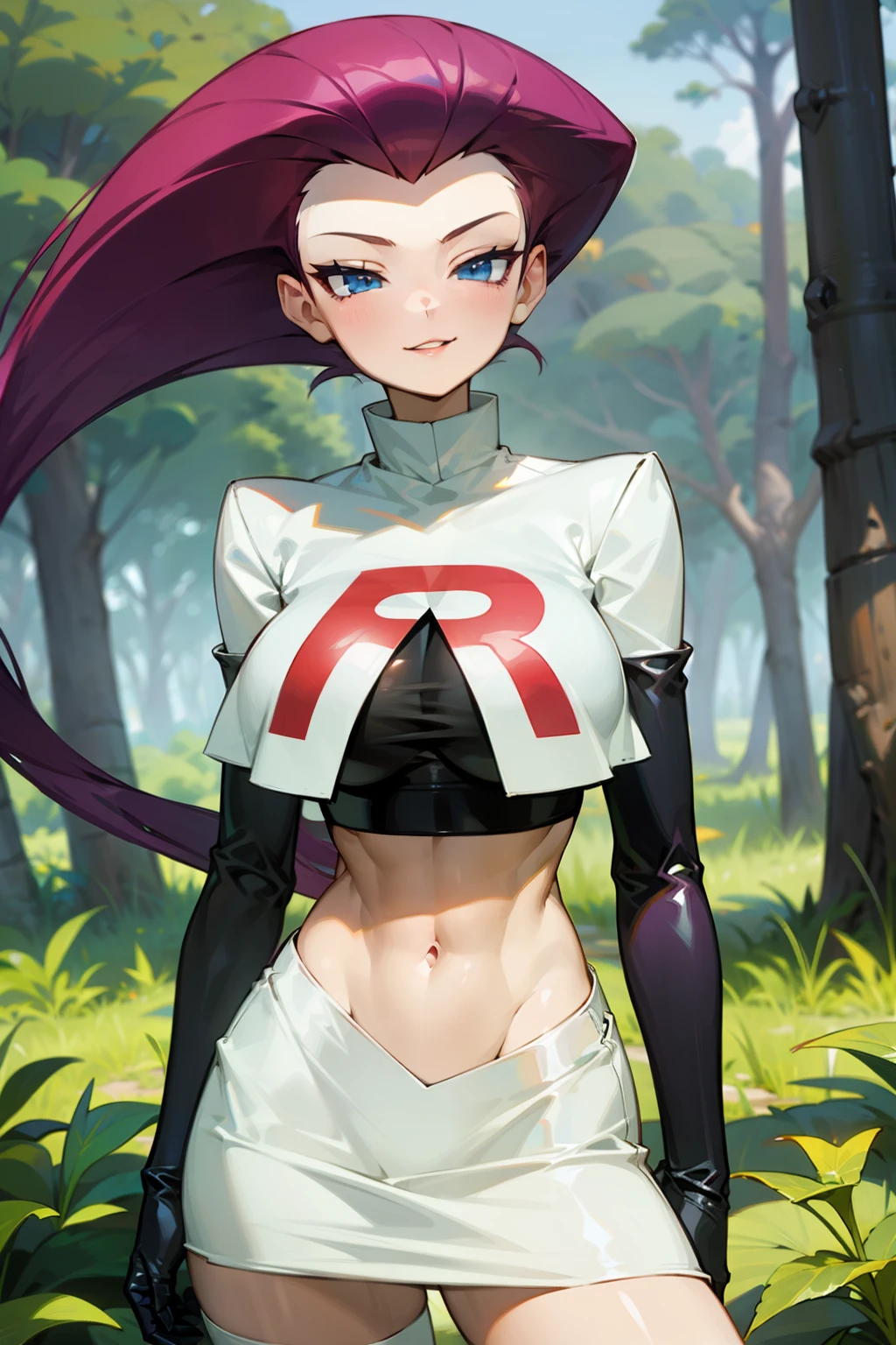 (Masterpiece), Best Quality, ultra-detailed, 1girl (jessie pokemon,Slender and sexy body, Big and pretty breasts, hair slicked back, long hair,purple hair,blue eyes , half-closed eyes), smirk, parted lips, facing viewer, looking at viewer, solo, 
team rocket ,team rocket uniform ,white skirt,crop top,thighhighs,elbow gloves, in the forest, standing, Sexy waist teasing 