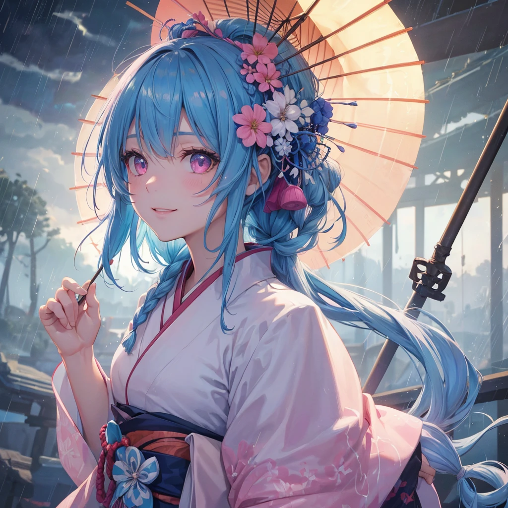 Sky blue hair, (Braided Ponytail),(Pink Eyes),Fair skin ,(whole body),(1 Girl),smile,Straight bangs,(masterpiece, Highest quality, Very detailed, Best Shadow), (Detailed Background), (Beautifully detailed face), High Contrast, (Best lighting, Very delicate and beautiful), ((Cinematic Light)), colorful, Hyper Detail, Dramatic Light, Intricate details,Rain showers,Kyoto,Japanese Umbrella,kimono,