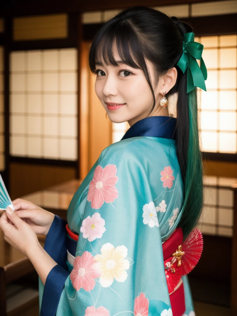 masterpiece,best quality, 1girl, green hair, green eyes, smile, solo, closed mouth, fireworks, holding, earrings, hand fan, eyelashes, ribbon, jewelry, red ribbon, paper fan, white border, looking back, hair ribbon, kimono, border, looking at viewer, blush, japanese clothes, holding fan, long hair, uchiwa, bangs, upper body, hand up, blue kimono, sidelocks, ponytail,