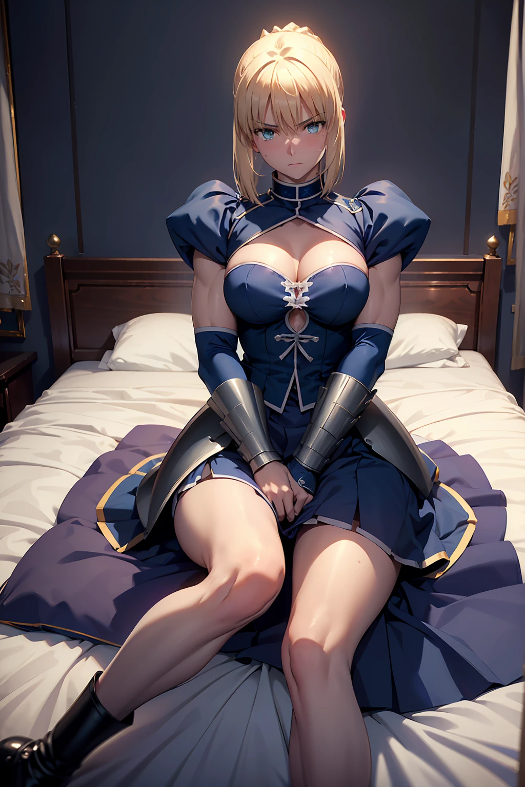 NSFW Highest quality, (Artoria Pendragon), alone (Blue Layered Skirt Armor Foot armor) short hair,ponytail Parody, Blue choker, hair 弓, Blue Ribbon, Highest quality, Very detailed atmosphere Muscular Look at the front, Spread your legs Super fatty muscle Knee-high armor boots Angle from below Side tie panties inner thigh Wet股間 Wet blush Embarrassed face masterpiece, Highest quality, One girl, (Browsing Caution:1.0), Spread your legs, Sheet, Lift your legs, nude, (pussyfocus:1.0) Sweat, Shiny skin, Heavy breathing, ( Sex, sexual intercourse, put in, Heterosexual, Motion Lines, Motion Blur, Talking Spirit:1.1), (Lie in, Lie in on your back, bed,Subjective:1.1)