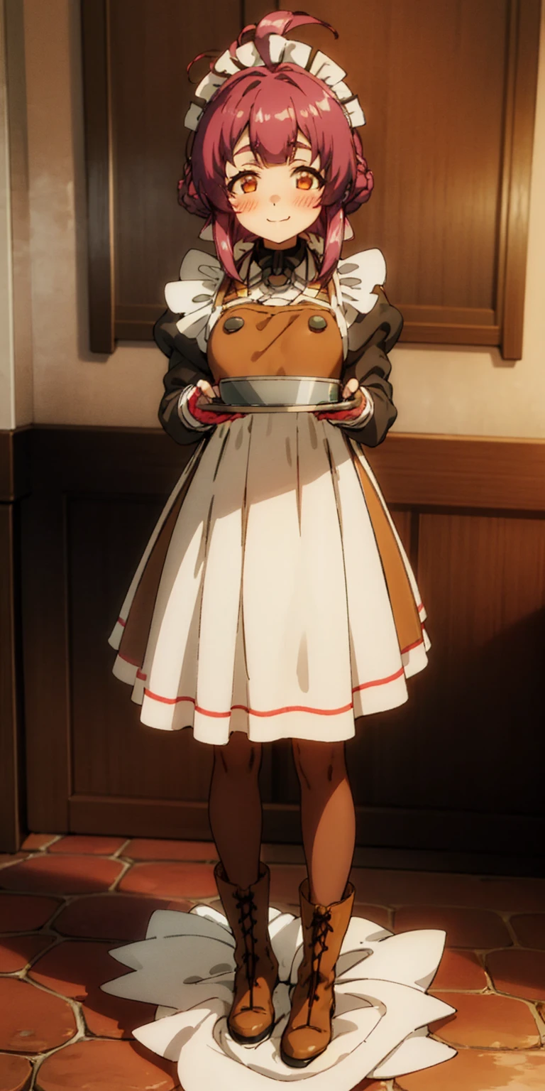 full body standing straight symmetrical, lustful smirking smile face red blush red cheeks, looking at viewer, holding tray, braid, maid headdress, maid, dress, apron, long sleeves, brown pantyhose, long leather militar boots, thighs, long white hair, masterpiece