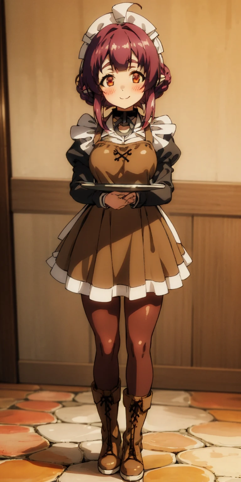 full body standing straight symmetrical, lustful smirking smile face red blush red cheeks, looking at viewer, holding tray, braid, maid headdress, maid, dress, apron, long sleeves, brown pantyhose, long leather militar boots, thighs, long white hair, masterpiece