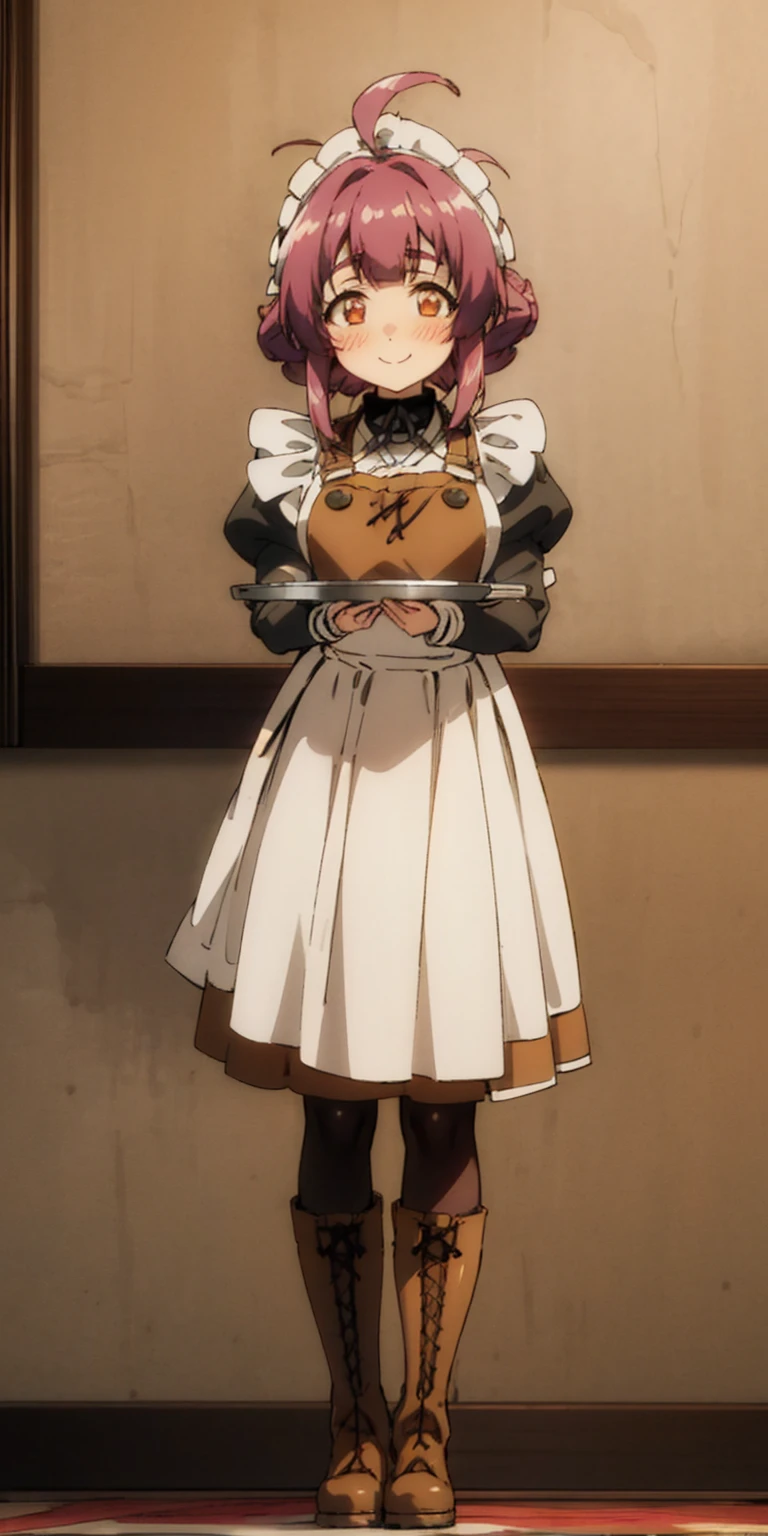 full body standing straight symmetrical, lustful smirking smile face red blush red cheeks, looking at viewer, holding tray, braid, maid headdress, maid, dress, apron, long sleeves, brown pantyhose, long leather militar boots, thighs, long white hair, masterpiece