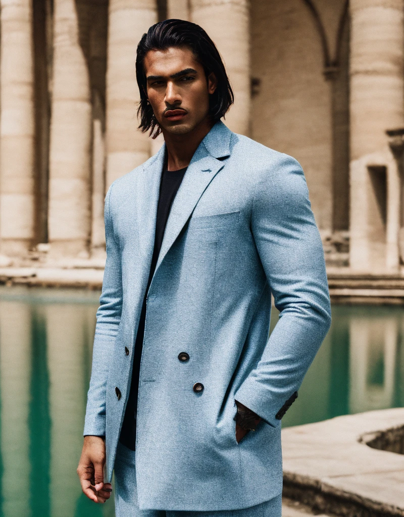 (masterpiece) (highest quality) detailed (((luminescent glowing))) mysterious ancient egyptian god as a ((clothed)) muscular man with (dark tan) in light grey and light blue designer ((((clothes)))) with fishscale pattern, fashion, men's fashion, haute couture, man, dark tan, male model, lotus pond, (Nile river), magic