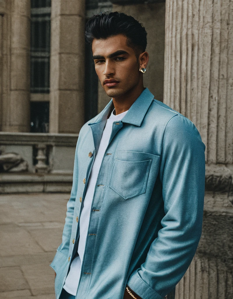 (masterpiece) (highest quality) detailed (((luminescent glowing))) mysterious ancient egyptian god as a ((clothed)) muscular man with (dark tan) in light grey and light blue designer ((((clothes)))) with fishscale pattern, fashion, men's fashion, haute couture, man, dark tan, male model, lotus pond, (Nile river), magic