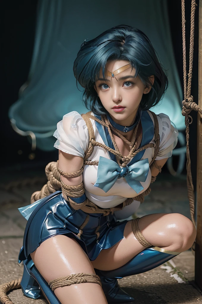 Put your arms behind your back, ((腕をTied up, inhibition, (((rope))), Tied up)), Sleepy face, Highest quality,masterpiece,Ultra-high resolution, Very detailed, 8K,(Beautiful woman),One person,30 years old, ((Sailor Mercury)), ((Blue sailor collar, Very tight and shiny uniform, length white latex gloves,Beautiful female hand in white latex gloves,Shiny Blue Latex Knee High Boots, Stiletto heels,Blue choker、Blue gloves on elbows, shiny blue skirt, Gold tiara on forehead,Earrings,Fine Gold Jewelry)), (Facial details, Bright Blue Eyes, Beautiful Face, Beautiful Eyes, Shining Eyes, thin lips, thin, sharp, thin眉毛, length, Black eyelashes, length and thick lower eyelashes, double eyelid, Fluffy blue hair), skinny, Large Breasts, Perfect proportions, Tight waist, Pores are visible, Beautiful, shiny dark blue hair, Perfect hands, Close fitting high gloss holographic leather,Octane Rendering