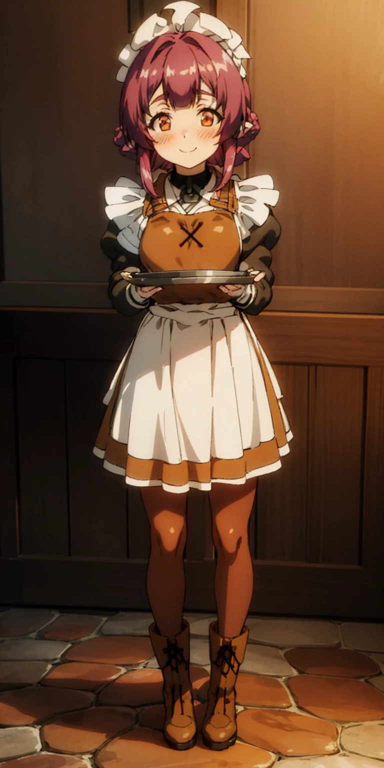full body standing straight symmetrical, lustful smirking smile face red blush red cheeks, looking at viewer, holding tray, braid, maid headdress, maid, dress, apron, long sleeves, brown pantyhose, long leather militar boots, thighs, long white hair, masterpiece