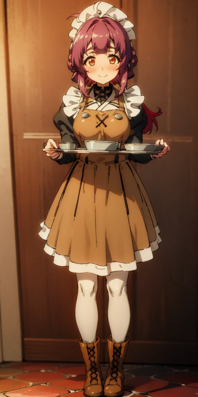full body standing straight symmetrical, lustful smirking smile face red blush red cheeks, looking at viewer, holding tray, braid, maid headdress, maid, dress, apron, long sleeves, brown pantyhose, long leather militar boots, thighs, long white hair, masterpiece