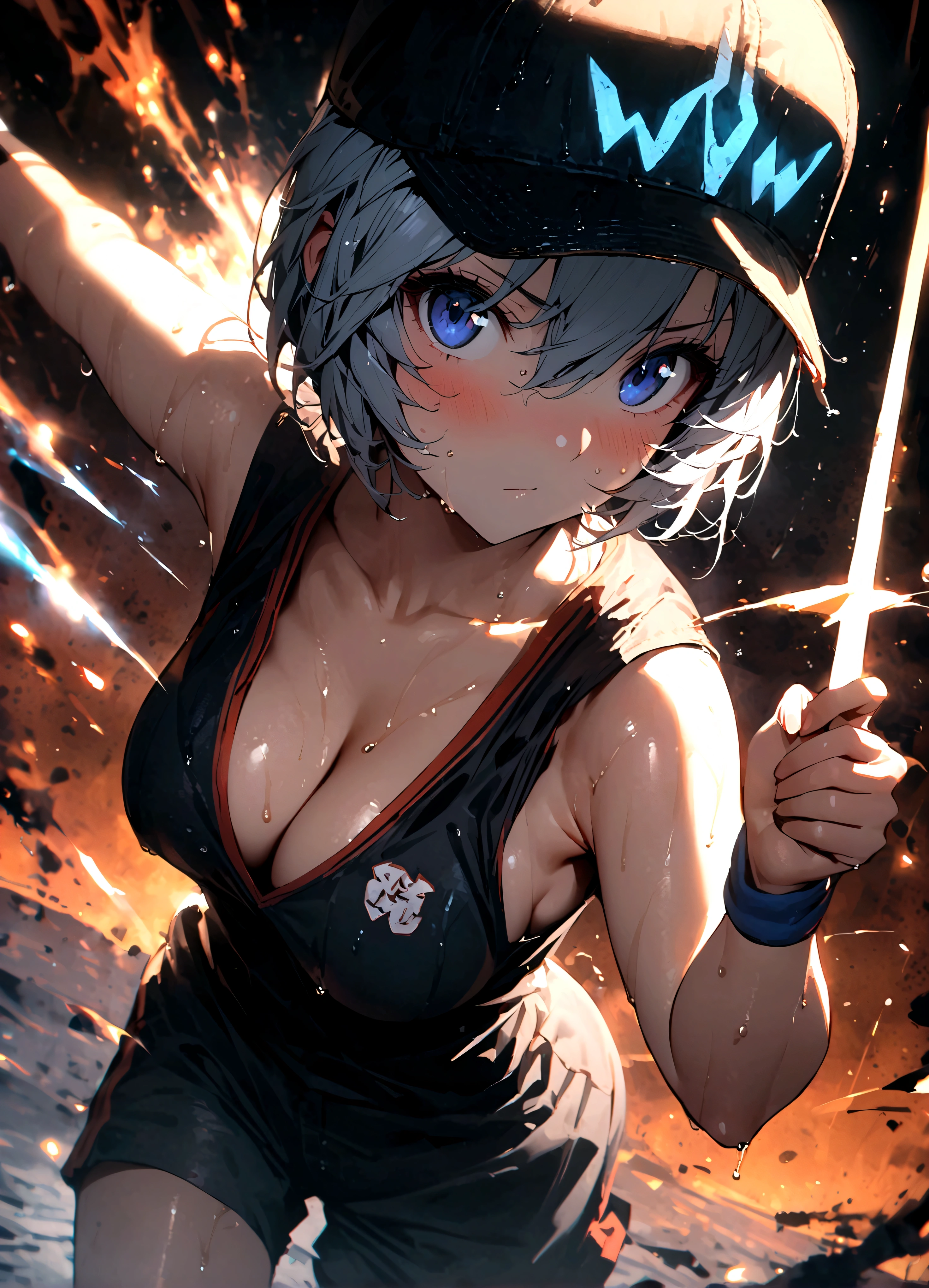 Masterpiece++, Best quality++, Ultra-definition++, Ultra-definition++, 4k++, 8k++, (background focus)++, very detailed, ((ballpark))++, (1 person), ((( Evangelion Ayanami Rei))) +++, ((baseball player)), (((baseball uniform))) +++, ((((throwing form))))++++((baseball in right hand) )++, (( woman playing baseball))++, (baseball hat), (baseball glove in left hand), blush, (wristband on wrist), (gray hair), (super shiny hair and skin ), (Nikko), ((beautiful)), sweaty body, cleavaly, sweating, serious expression, perfect eyes, perfect hands, perfect nose, Evangelion Ayanami Rei, bright atmosphere , (wet effect)+, (light effect), (cinematic light)+, (light cinematic)+